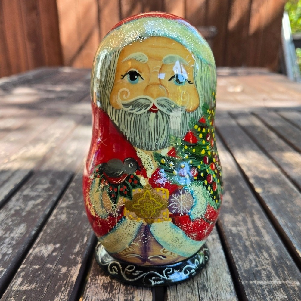 Vintage G. DeBrekht Russian Santa Nesting Doll Set 5 Wooden Christmas Ornaments